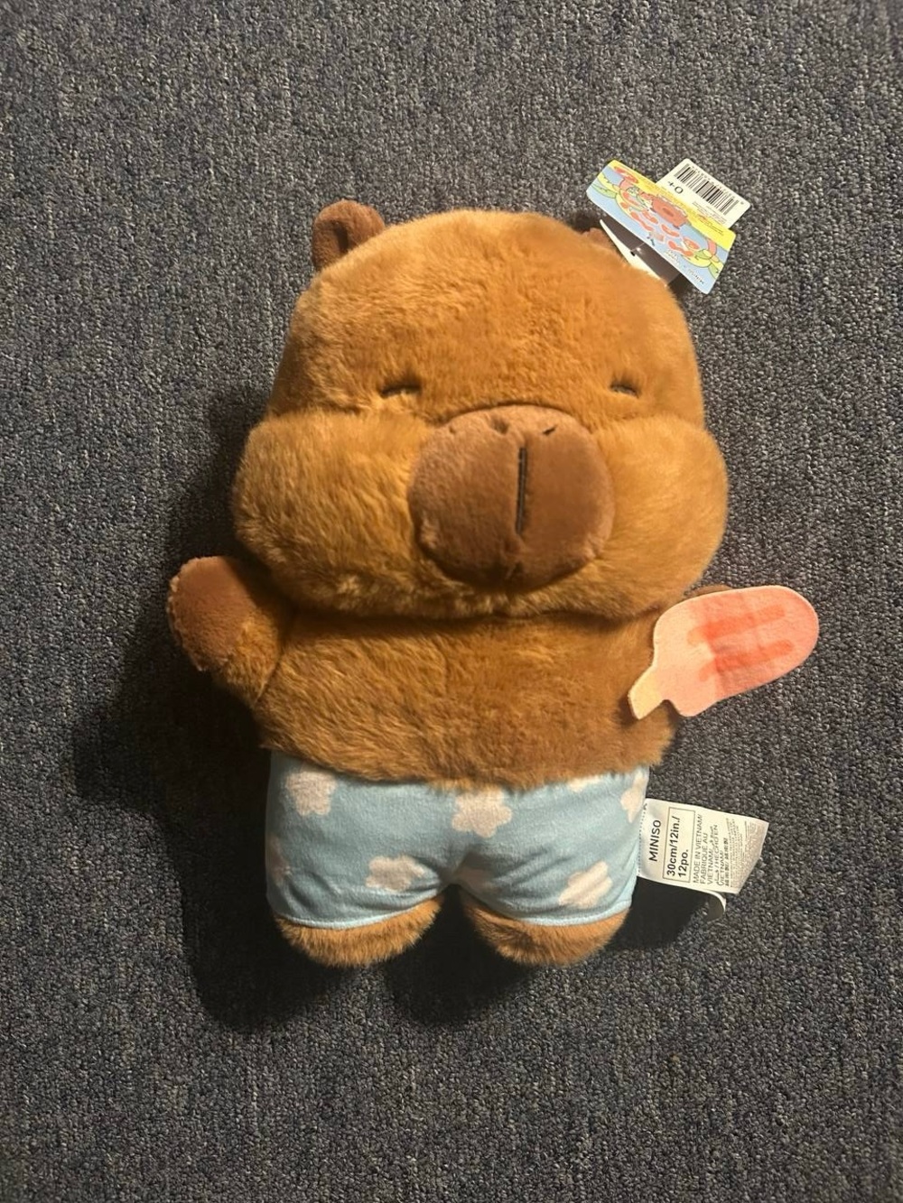 Miniso Minibara Plush Brown Bear with Blue Cloud Shorts